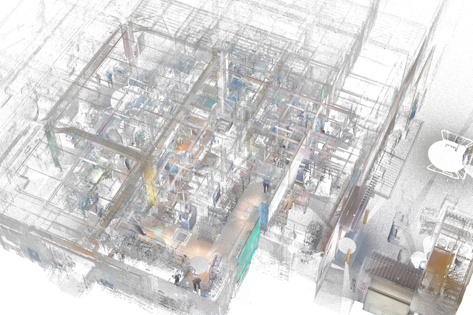 Survey with 3D laser scanning tools provides point cloud data of the plant.